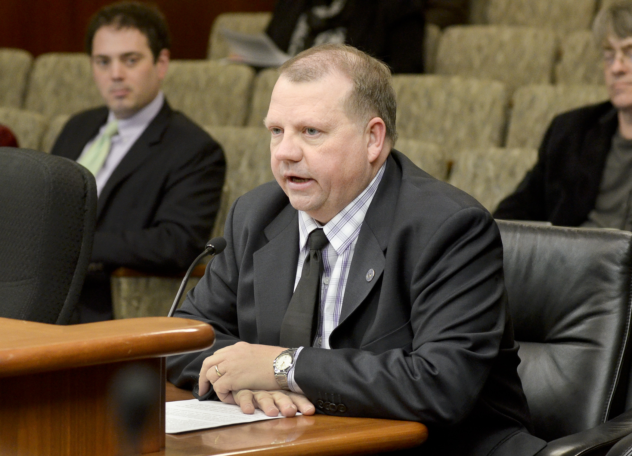 Rep. Ron Kresha presents HF1 to the House Greater Minnesota Economic and Workforce Development Policy Committee Jan. 22. Photo by Andrew VonBank
